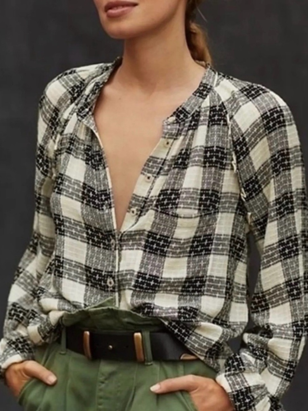 Pilcro Anthropologie Breezy Plaid Black Long Sleeve Wool Blend Top Blouse L